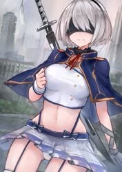 1girls blindfold breasts capelet city_background cosplay crossover_cosplay female female_only fully_clothed garter_straps hairband ineonbeati large_breasts midriff miniskirt mole mole_under_mouth navel nier:_automata panties revealing_clothes rokudenashi_majutsu_koushi_to_akashic_record school_uniform short_hair single_glove sword thighhighs weapon white_hair white_panties yorha_2b