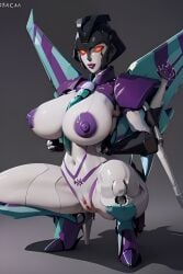 2023 ai_generated biting_lip black_lipstick breasts breasts_out female fembot fingerless_gloves grey_background hand_on_thigh legs_held_open purple_body purple_nipples pussy red_eyes robot robot_girl sitting slipstream solo_female thick_thighs thong transformers transformers_animated white_body wings