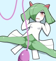 black_pupils generation_3_pokemon hair_over_one_eye humanoid kirlia mantan nintendo open_mouth pokémon_(species) pokemon pokemon_(species) pokemon_oras pokemon_rse red_eyes small_breasts spread_legs