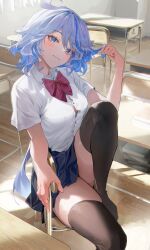 1girls blue_eyes blue_hair blush classroom furina_(genshin_impact) genshin_impact hi_res kawa683 looking_at_viewer school_uniform schoolgirl sitting skirt smile solo thick_thighs thighhighs thighs zettai_ryouiki