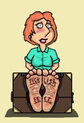 blush body_writing bondage clenched_teeth crying_with_eyes_open family_guy feet foot_fetish foot_focus foot_writing imminent_tickling lois_griffin looking_at_viewer red2870 soles stocks tears toes_tied writing_on_feet