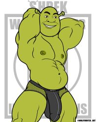 1boy bulge cartoony dreamworks erection jockstrap male_nipples male_only masculine mature_male muscles muscular_male pecs shrek shrek_(series) smile smiling smooth_skinned_male solo toony veiny_penis white_background wolffhunter_art