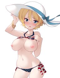 american_flag_bikini bikini blonde_hair blue_eyes blush bra_lift braid breasts darjeeling female girls_und_panzer hat kuzuryuu_kennosuke large_breasts looking_at_viewer navel nipples short_hair smile solo swimsuit union_jack union_jack_bikini united_kingdom