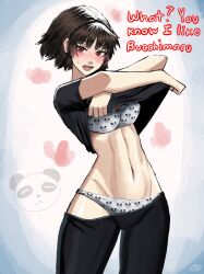 atlus breasts chaosoded embarrassed embarrassed_female female female_only makoto_niijima open_mouth panda_print persona persona_5 solo undressing