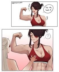 abs beidou_(genshin_impact) biceps breast_grab breasts english_text eyepatch female female_only flexing genshin_impact go_on_feel_it_(meme) large_breasts meme muscular muscular_female ningguang_(genshin_impact) phantomhive0071 sports_bra sportswear yuri