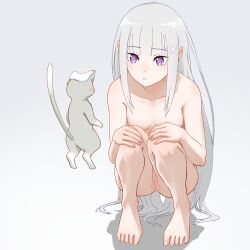 1boy 1girls ass blush breasts completely_naked completely_naked_female completely_nude completely_nude_female crouching duo duo_focus elf elf_ears elf_female elf_girl emilia_(re:zero) exposed feet female full_body naked naked_female nude nude_female puck_(re:zero) pussy re:zero_kara_hajimeru_isekai_seikatsu riri silver_hair spirit thighs toes uncensored white_background