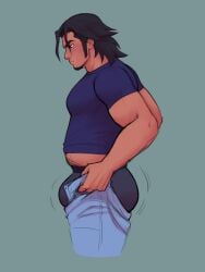 1boy angeal angeal_hewley artist_request ass black_hair blue_eyes bulge chubby chubby_male color facial_hair final_fantasy final_fantasy_vii goatee male male_focus male_only meme motion_lines muscular muscular_male pubic_hair shirt sideburns simple_background solo solo_focus square_enix tagme tanned_skin tight_clothing tight_pants_(meme)