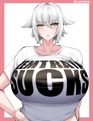 1girls 2d android angry artist_name breasts cumdare female female_only glaring graphic_tee huge_breasts light-skinned_female light_skin looking_at_viewer pale-skinned_female pale_skin short_hair simple_background solo t-shirt text text_on_clothing unusual_pupils virtual_youtuber vshojo watermark white_hair yellow_eyes zentreya