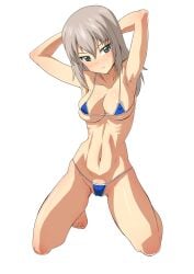 armpits arms_behind_head arms_up bikini blue_eyes blush breasts cameltoe covered_nipples female girls_und_panzer grey_hair habirisu itsumi_erika kneeling medium_breasts medium_hair navel solo