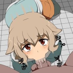 1boy 1girls atra_mixta black_pupils blowjob blowjob_face eyebrows_visible_through_hair fellatio fellatio_face gundam gundam_tekketsu_no_orphans hair_between_eyes looking_at_viewer mantan penis_in_mouth red_eyes