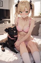 1girls ai_generated bedroom blonde_hair blush bra canine green_eyes imminent_bestiality joachim panties pink_bra pink_panties pixai smile twintails underwear zoophilia