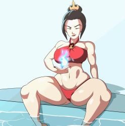 1girls animated avatar_the_last_airbender azula bikini black_hair breasts disappearing_clothes exposing_chest fire flashing large_breasts nipples ponytail pool poolside red_bikini red_lipstick revealing_breasts scrabble007 sitting swimsuit tagme video