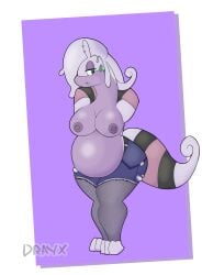 areola belly breasts dragon drayx facial_piercing female generation_6_pokemon goodra lip_piercing nintendo nipple_piercing nipples piercing pokemon pokemon_(species) pose purple_areola purple_body purple_nipples purple_skin tail