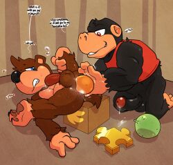 2boys anal anal_sex ape argon_vile balls banjo-kazooie banjo_(banjo-kazooie) bear bodily_fluids box conga_(banjo-kazooie) container dialogue duo english_text erection food food_fetish food_insertion food_play fruit gay genital_fluids genitals gorilla haplorhine hi_res improvised_sex_toy jiggy leg_grab male male/male male_only mammal melon multiple_boys object_in_ass orange_(fruit) penetration penis plant precum primate rareware shoulder_stand speech_bubble spread_legs spreading stretched_anus sweat text tight_fit