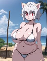 1girls ai_generated animal_ears beach bikini breasts cat_ears cat_girl chimera_ant covered_nipples curvy female female_only gardener_ai humanoid hunter_x_hunter large_breasts neferpitou pale-skinned_female pale_skin red_eyes seaside short_hair shounen_jump skimpy solo stable_diffusion thick_thighs villainess white_bikini white_hair wide_hips