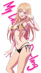 1girls 2022 belly belly_button bikini bikini_bottom bikini_top blonde_hair bracelet choker cleavage ear_piercing earrings eyebrows_visible_through_hair eyes_visible_through_hair fake_nails gyaru hand_gesture highres kitagawa_marin lipstick long_fingernails long_hair looking_at_viewer nail_polish necklace open_mouth pink_fingernail_polish pink_nail_polish pinup pose ring sideboob smiling smiling_at_viewer solo solo_female solo_focus sono_bisque_doll_wa_koi_wo_suru standing teeth text thighs white_background yamazaki_jun