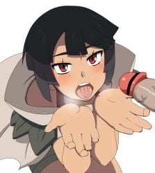 bar_censor black_hair black_pupils censor_bar censored censored_penis cock dick game_freak mantan nintendo open_mouth penis pokemon pokemon_oras pokemon_rse red_eyes simple_background tongue tongue_out unseen_male_face white_background zinnia_(pokemon)