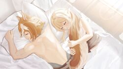 1boy 1girls animal_ears blonde_hair closed_eyes cute dog_boy dog_ears dog_tail female fluffy_tail genshin_impact gorou_(genshin_impact) grabbing_pillow holding_tail hugging_pillow hugging_tail lumine_(genshin_impact) male morning morning_after on_bed on_stomach pillow romantic shirtless shirtless_male sleeping sweet tail two_tone_hair white_strand_of_hair wholesome