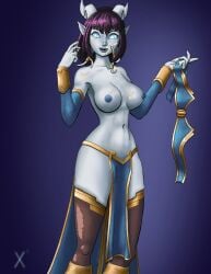 1girls animusvox big_breasts blizzard_entertainment blue_skin cum cum_on_breasts cum_on_face draenei facial loincloth monara original_character pelvic_curtain purple_hair solo thick_thighs thighhighs warcraft world_of_warcraft