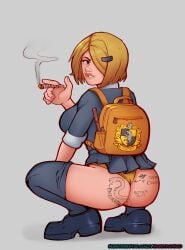 1girls ass backpack beatrice_haywood big_ass big_breasts blonde_hair blue_eyes body_writing branding_mark cigarette clothing comment_section english_text fantasy female female_only footwear grey_background hair_ornament hairclip harry_potter harry_potter:_hogwarts_mystery holding_cigarette holding_object hufflepuff human human_only light-skinned_female light_skin looking_back looking_back_at_viewer magic_user markydaysaid microskirt miniskirt pale_skin panties parted_lips plain_background pleated_skirt rear_view school_uniform schoolgirl shirt shoes short_hair short_hair_female skirt sleeveless sleeves_rolled_up smoke smoking smoking_cigarette socks solo squatting stockings student tally_marks teeth text thighhighs underwear upskirt watermark witch writing_on_ass yellow_hair