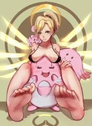 between_thighs blissey blush breasts chansey crossover feet foot_fetish hand_on_leg happiny looking_at_viewer mercy overwatch pantie_painting pokémon_(species) pokemon sitting smile tagme thighs toes