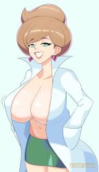 alternate_breast_size aurea_juniper big_breasts cleavage clothed earrings female_focus female_only lipstick looking_at_viewer mature_female navel pale_skin pink_lips pink_lipstick pokemon pokemon_bw2 pokemon_professor professor_juniper starfinga topless topless_female voluptuous