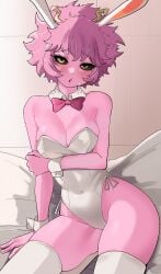 black_sclera blush blushing bowtie bunny_ears bunnysuit detached_collar female leotard looking_at_viewer mina_ashido my_hero_academia pink_hair pink_skin shy thighhighs wrist_cuffs yellow_eyes zd_(pixiv6210083)