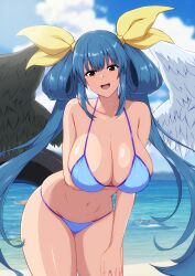 1girls absurdres angel_wings arm_under_breasts asymmetrical_wings bare_shoulders beach bikini blue_bikini blue_sky blush breasts cleavage cloud cloudy_sky commentary_request dizzy_(guilty_gear) fuuma_(bangolga1) groin guilty_gear guilty_gear_xrd guilty_gear_xx hair_rings hanging_breasts highres large_breasts leaning_forward long_hair looking_at_viewer mature_female milf monster_girl navel ocean open_mouth shaded_face sidelocks skindentation sky solo stomach sunlight swimsuit tail thick_thighs thighs twintails water wings