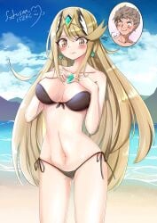 blonde_hair breasts core_crystal female male mythra nintendo outdoors outside rex_(xenoblade) sofusan1526 swimsuit xenoblade_(series) xenoblade_chronicles_2