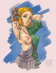 1girls archaic_tunic arms_above_head blonde_hair blue_eyes body_markings female hardmoden hardmodenrg link_(cosplay) mole_on_breast nintendo nipples_visible_through_clothing one_breast_out princess_zelda tears_of_the_kingdom the_legend_of_zelda zelda_(tears_of_the_kingdom) zelda_protagonista