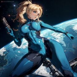 1girls action_pose ai_generated blonde_hair blue_bodysuit blue_eyes bodysuit breasts earth fit_female from_below handgun jumping metroid planet ponytail samus_aran skintight skintight_bodysuit skizzen space thin_waist universe wide_hips zero_suit