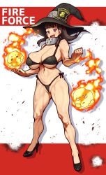 1girls big_penis bikini black_hair coffeelove68 enen_no_shouboutai female female_focus fire fire_force fireball full_body hat high_heels large_breasts muscular muscular_female oze_maki partially_visible_vulva purple_hair solo standing underwear