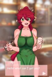 1girls apron bangs english english_text eyebrows_visible_through_hair green_eyes iced_latte_with_breast_milk jo3mfg looking_at_viewer pyrrha_nikos red_hair rwby sidelocks solo solo_female tagme