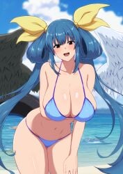 1girls absurdres angel_wings arm_under_breasts asymmetrical_wings bare_shoulders beach bikini blue_bikini blue_sky blush breasts cleavage cloud cloudy_sky commentary_request dizzy_(guilty_gear) fuuma_(bangolga1) groin guilty_gear guilty_gear_xrd guilty_gear_xx hair_rings hanging_breasts highres large_breasts leaning_forward long_hair looking_at_viewer mature_female milf monster_girl navel ocean open_mouth sidelocks skindentation sky solo stomach swimsuit tail thick_thighs thighs twintails water wings