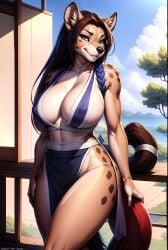 ai_generated anthro big_breasts blue_clothing brown_eyes clothes female fully_clothed furry furry_breasts furry_ears furry_female huge_breasts hyena hyenaloverai king_of_fighters looking_at_viewer mai_shiranui mai_shiranui_furry muscles ponytail robe