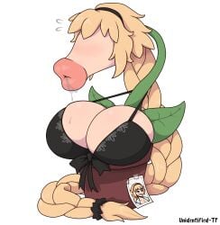 :>= big_breasts bra cleavage dicksucking_creature fate_(series) female fuckplant jeanne_d'arc_(fate) large_breasts leaves nipples object_hug objectification plant_girl suckplant thick_lips unidentified-tf