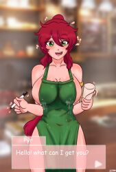 1girls apron bangs english english_text eyebrows_visible_through_hair green_eyes iced_latte_with_breast_milk jo3mfg lactation looking_at_viewer pyrrha_nikos red_hair rwby sidelocks solo solo_female tagme