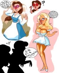 aliciadrawsbecause beauty_and_the_beast belle bimbo bimbofication blonde_hair brain_drain brown_hair disney disney_princess english_text hypnotic_visor text the_bimbettes the_triplets