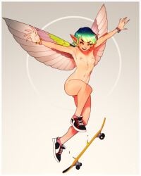 1girls breasts cheunchin nude nude_female original original_character pointy_ears skateboard small_breasts solo solo_female solo_focus wings