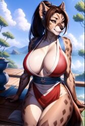 ai_generated anthro big_breasts blue_clothing brown_eyes clothes female fully_clothed furry furry_breasts furry_ears furry_female huge_breasts hyena hyenaloverai king_of_fighters looking_at_viewer mai_shiranui mai_shiranui_furry muscles ponytail robe