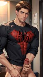 1boy ai_generated balls brown_hair erection facial_hair male male_only marvel masturbation muscular muscular_male penis peter_b_parker pubic_hair spider-man:_across_the_spider-verse spider-man:_into_the_spider-verse spider-man_(series) stable_diffusion stubble