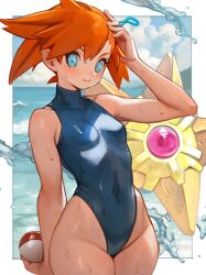 abs adapted_costume aqua_eyes armpits asymmetrical_hair bangs bare_legs beach bikini blue_bikini blue_eyes blue_swimsuit blush breasts clothing cowboy_shot eyelashes female female_only game_freak gen_1_pokemon gym_leader hair_tie highres hips holding_poke_ball kasumi_(pokemon) kasumi_(pokemon) legs muscle navel nintendo one-piece_swimsuit orange_hair poke_ball pokemon pokemon_(anime) pokemon_rgby poritive shirt short_hair shorts solo staryu swimsuit thick_thighs thighs water wet