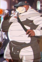 2023 anthro bear belly big_belly blush brown_body bulge clothing detailed_background halloween hat headgear headwear hi_res holidays humanoid_hands kemono kisukemk777 male male_only mammal mummy_costume outside overweight overweight_male solo solo_male