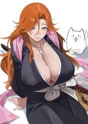 1dog 1girls bleach blue_eyes blush breasts cleavage clothed clothed_female fat_breasts female huge_breasts light-skinned_female light_skin long_hair matsumoto_rangiku nia4294 nia_(nia4294) orange_hair puppy thick_thighs wide_hips