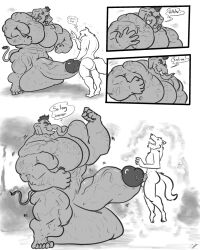 anthro balls big_balls big_biceps big_muscles canid canine canis comic dialogue dick_fucking dock dock_piercing draining duo elephant elephantid furgonomics furry-specific_piercing genitals growth hi_res huge_balls huge_muscles hyper hyper_balls hyper_genitalia hyper_pecs male male/male mammal mohawk muscle_growth muscular muscular_anthro muscular_male piercing proboscidean shrinking size_difference size_transformation text thick_thighs transformation uniparasite vain weak wolf xythan_(character)