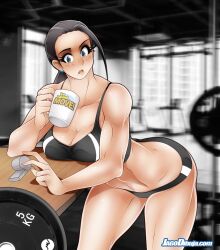 1girls black_hair blue_eyes clothed clothed_female fit_female gym gym_uniform gymnast hourglass_figure jago_dibuja leaning_on_object leaning_on_table living_with_hipstergirl_and_gamergirl looking_at_viewer mila mila_(living_with_hipstergirl_and_gamergirl) mug muscular muscular_female pinup solo solo_female solo_focus trainer voluptuous voluptuous_female weights whistle workout_clothes