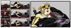 after_deepthroat after_oral anthro background bed bedroom beige_fur belly_button_piercing black_fur black_hair blowjob canine cock_hungry cock_piercing comic cum cum_in_mouth cum_in_throat deal deal_with_it deep_throat deepthroat_request dialogue female forced_oral fox futa/male futa_on_male futanari gag gagging happy_trail imminent_deepthroat imminent_oral infiniteshades leg_lock male markings messy musk oral oral_sex piercings pillow pubes pubic_hair pyjamas shady_(infiniteshades) silver_hair snezhinka_(infiniteshades) spit surprise_deepthroat surprised sweat text throat tongue_out treasure_trail two_tone_hair