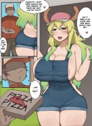 1boy 1girls areolae_visible_through_clothing big_ass big_breasts big_butt bobtheneet comic comic_page dark-skinned_male different_eye_color different_hair_color english_text miss_kobayashi's_dragon_maid no_bra pizza pizza_delivery quetzalcoatl_(dragon_maid) sideboob tagme thick_thighs