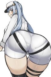 1girls angry aqua_hair ass ass_focus back blue_hair cameltoe clenched_teeth female female_only goddess_of_victory:_nikke goma. hi_res light-skinned_female light_skin long_hair looking_at_viewer military military_uniform orange_eyes pantylines privaty_(nikke) sidelocks simple_background solo thigh_boots thigh_strap thighs twintails visor_cap white_background