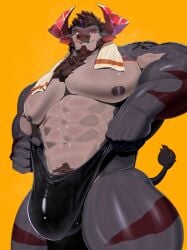 1boy abs anthro bovid bovine bulge cattle clothing flaccid genitals hi_res horn lifewonders live_a_hero male male_only mammal muscular muscular_anthro muscular_male mymu666 nipples obsidius pecs penis penis_base pubes solo speedo swimwear towel vo7gu46xduh36